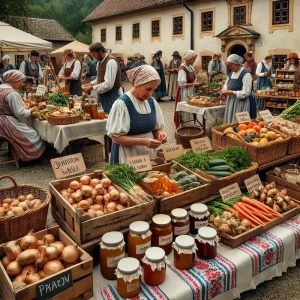 Farmársky trh plný ovocia, zeleniny, džemov a domácich produktov